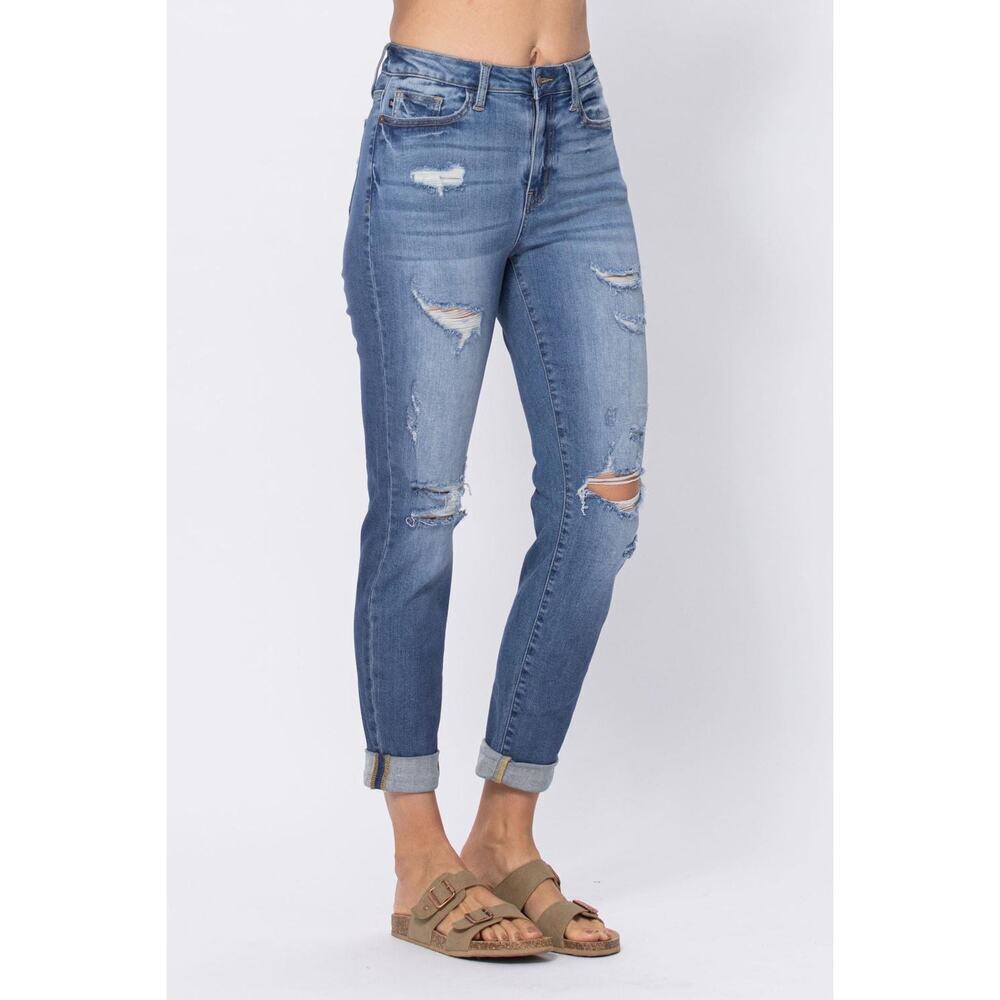 Judy Blue High Waist Destroy Cuffed Boyfriend Denim Jeans Size 13/31 JB88404LT